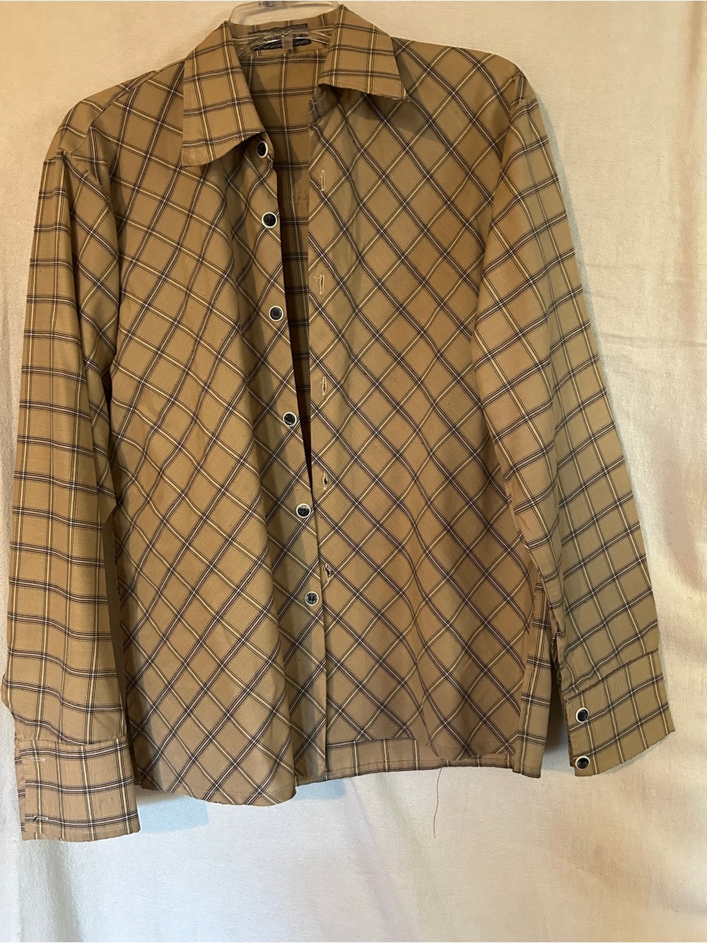 Versace Beige Plaid Lightweight Long Sleeve Shirt, Large